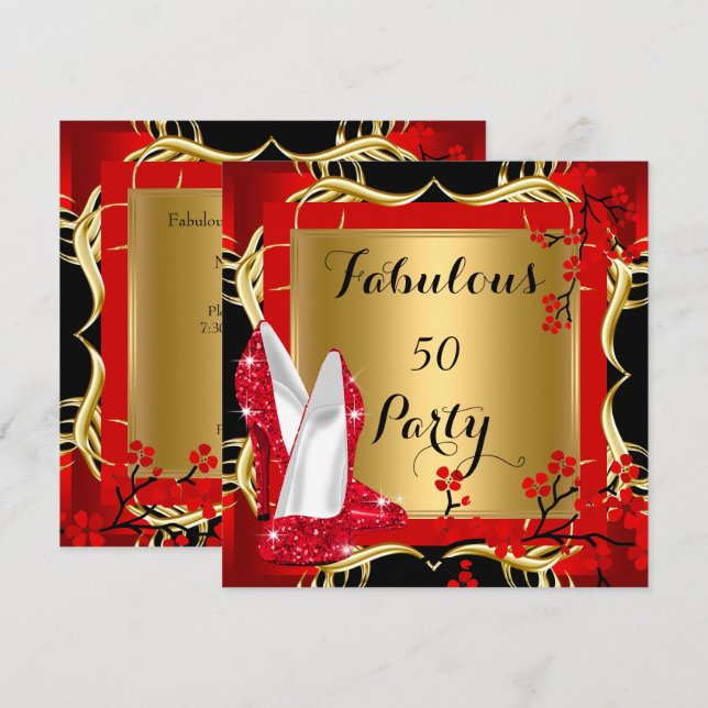 Invitation Fabuleux 50 Red Hi Heels Blossom Black Gold (Devant / Derrière)