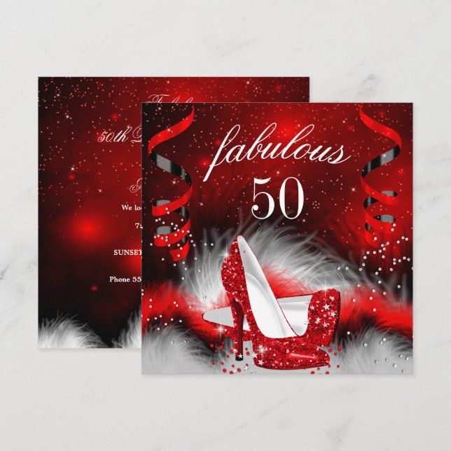 Invitation Fabuleux 50 Red High Heel fête d'anniversaire (Devant / Derrière)