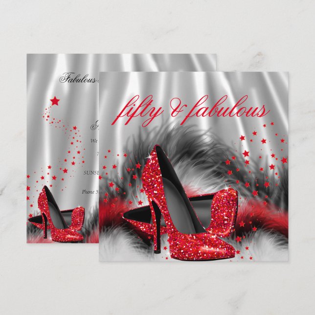Invitation Fabuleux 50 Red High Heels Silver Black Soie Party (Devant / Derrière)