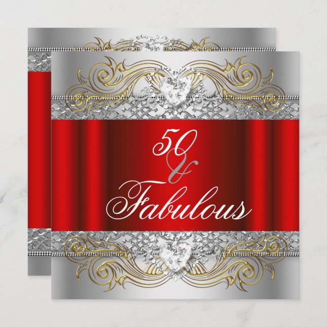 Invitation Fabuleux 50 Red Silver Gold 50th Birthday Party (Devant / Derrière)