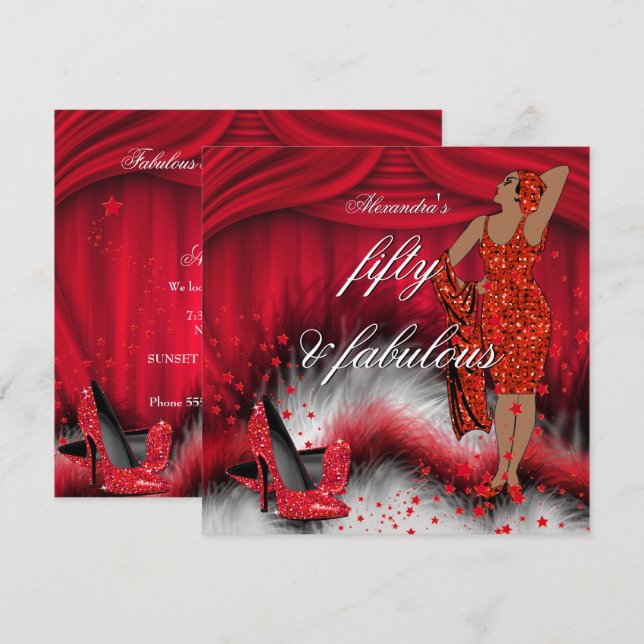 Invitation Fabuleux 50 Retro Lady Red High Heels Anniversaire (Devant / Derrière)