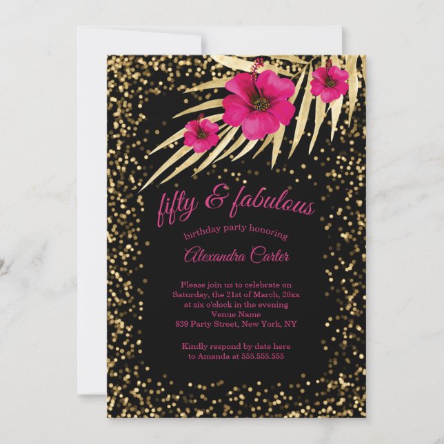 Invitation Fabuleux 50 Rose Black Gold Sparkle Anniversaire (Devant)
