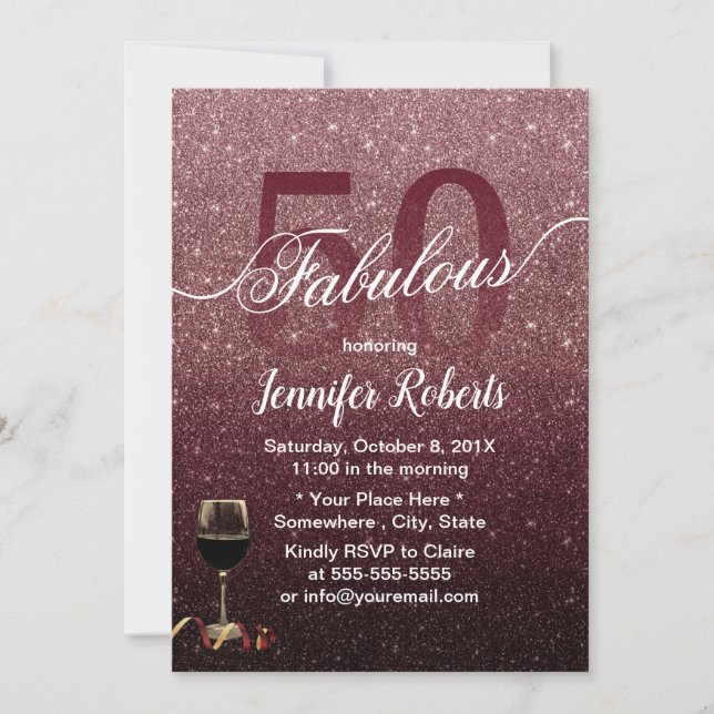 Invitation Fabuleux 50 Rose moderne Gold & Bourgogne Annivers (Devant)