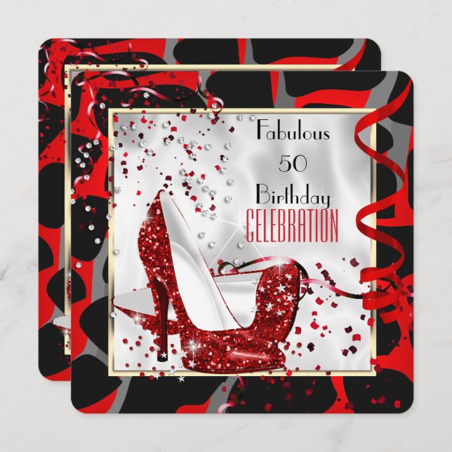 Invitation Fabuleux 50 Rouge Noir Blanc Fête d'Anniversaire (Devant / Derrière)