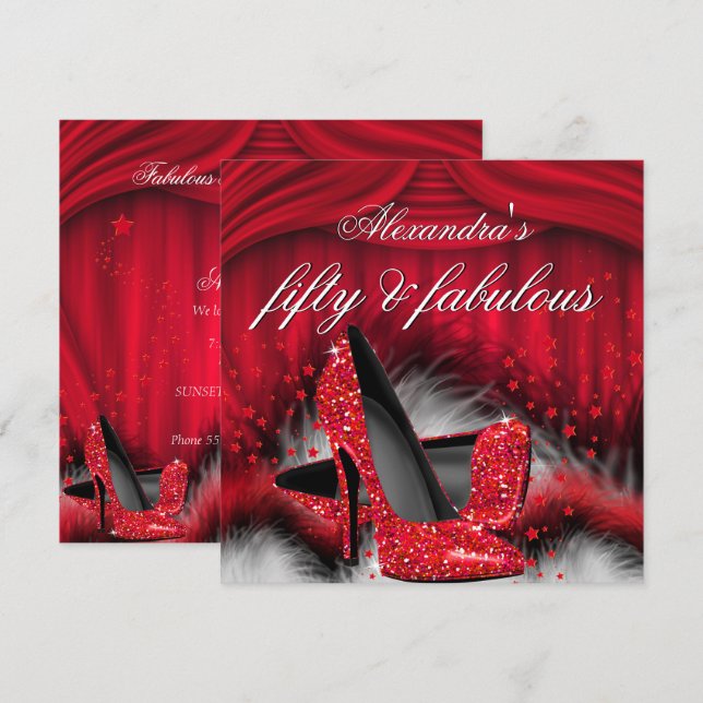 Invitation Fabuleux 50 Rouge talons plumes Anniversaire (Devant / Derrière)
