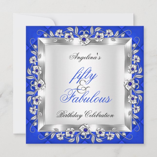 Invitation Fabuleux 50 Royal Blue Floral fête d'anniversaire (Devant)