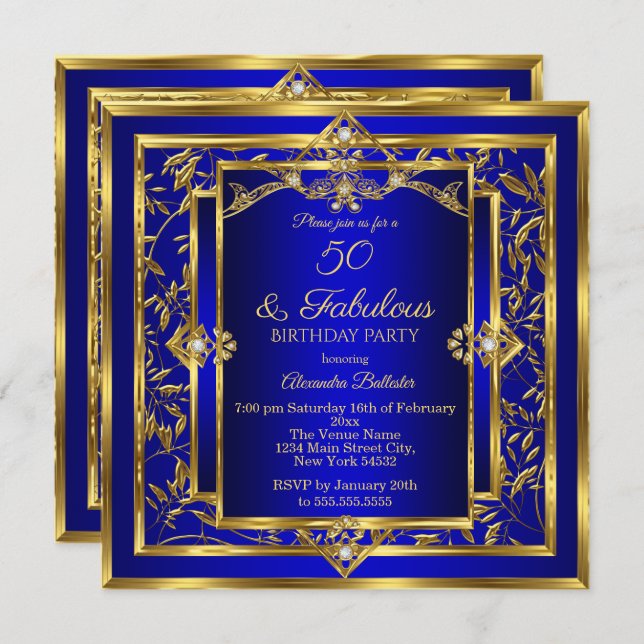 Invitation Fabuleux 50 Royal Blue Gold Damask fête d'annivers (Devant / Derrière)