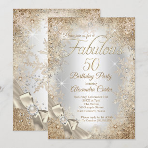Invitation Fabuleux 50 Silver Beige Cream Pearl Bow Snowflake