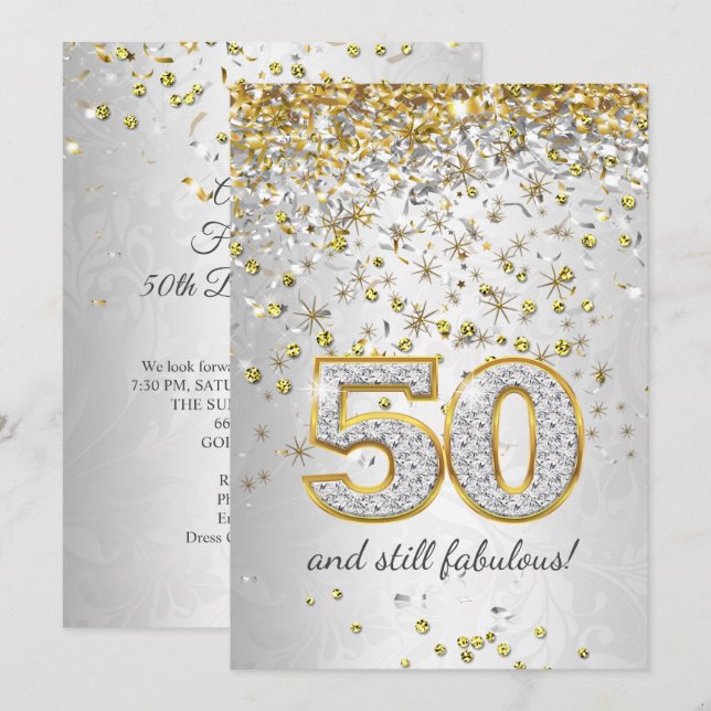 Invitation Fabuleux 50 Silver gold Streamers 50ème fête (Devant / Derrière)
