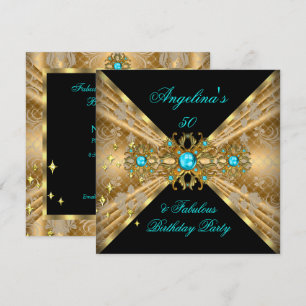 Invitation Fabuleux 50 Turquoise Blue Gold Black Damask Anniv