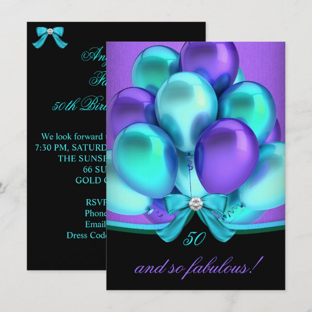 Invitation Fabuleux 50 Turquoise violet noir fête d'anniversa (Devant / Derrière)