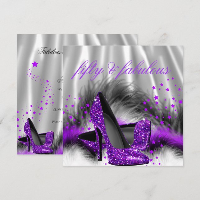Invitation Fabuleux 50 violet argent haut talon fête d'annive (Devant / Derrière)