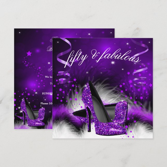 Invitation Fabuleux 50 violet haut talon fête d'anniversaire (Devant / Derrière)
