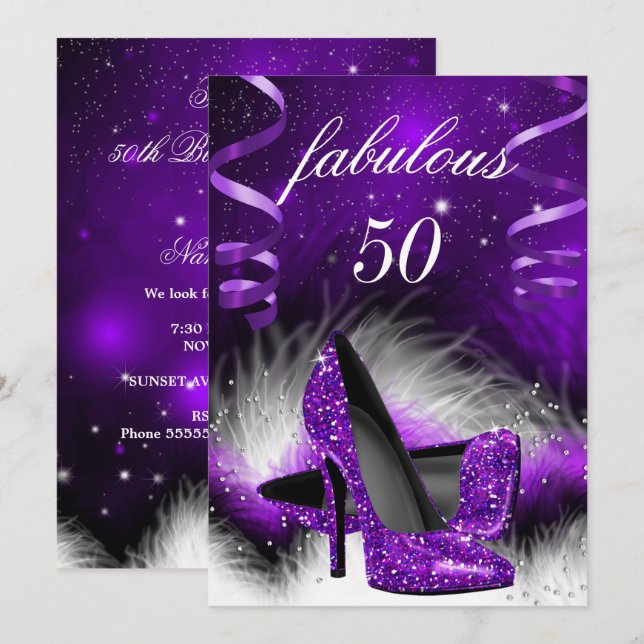 Invitation Fabuleux 50 violet haut talon fête d'anniversaire (Devant / Derrière)
