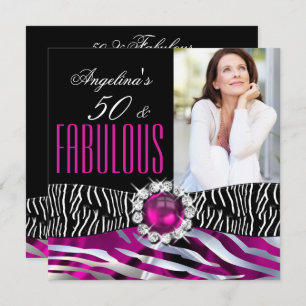 Invitation Fabuleux 50 Zebra Black Pink Silver fête d'anniver
