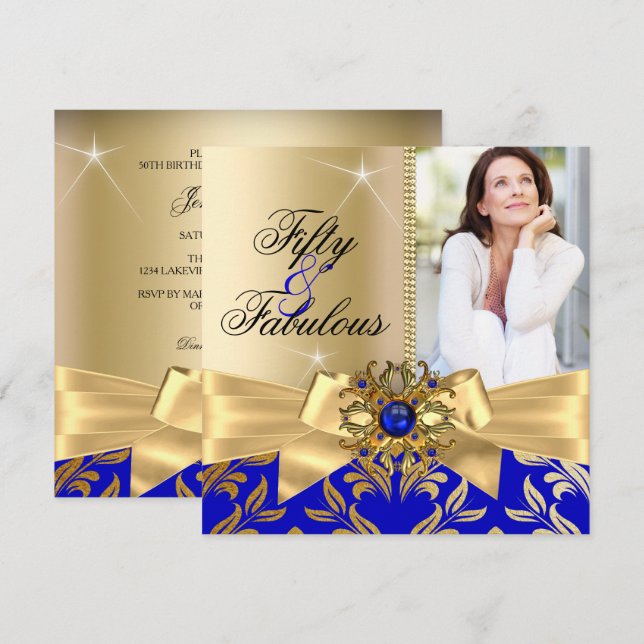 Invitation Fabuleux 50e anniversaire Blue Pearl Gold Leaf Bow (Devant / Derrière)