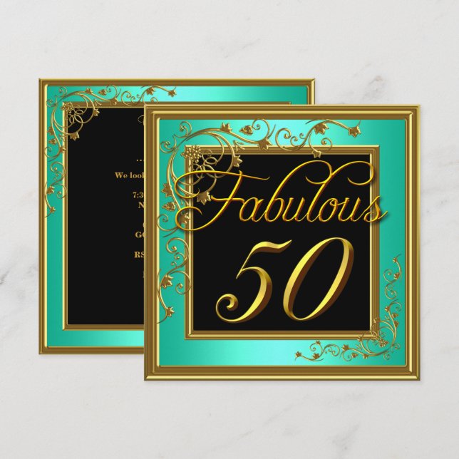 Invitation Fabuleux 50e anniversaire de la fête Turquoise or (Devant / Derrière)
