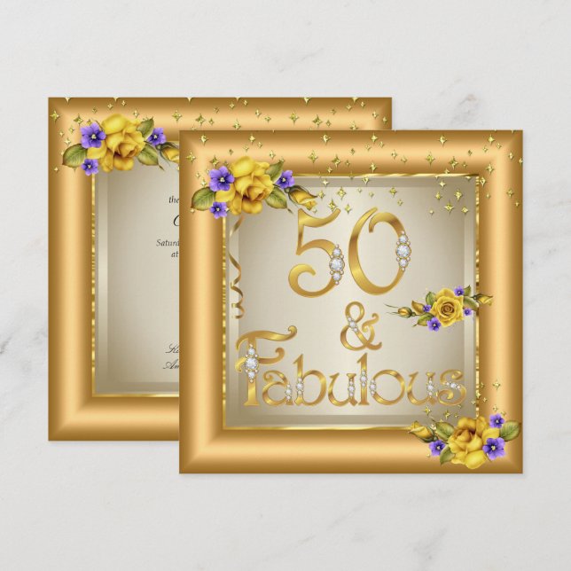 Invitation Fabuleux 50e anniversaire fête Gold Jaune Fleur (Devant / Derrière)