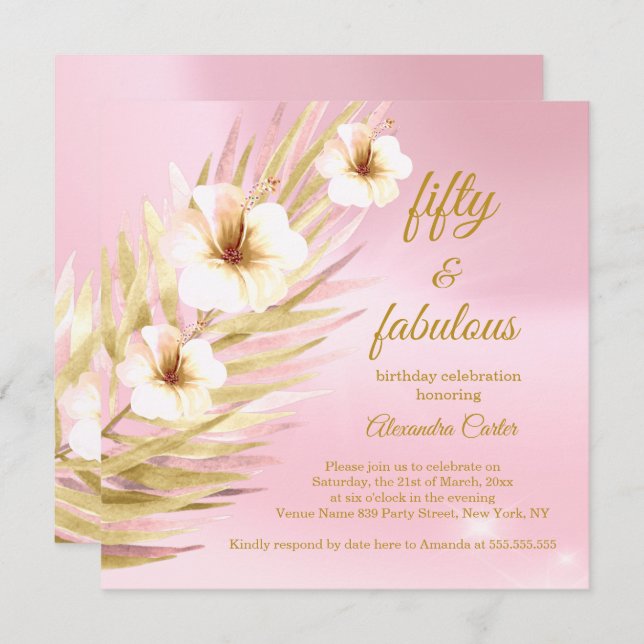 Invitation Fabuleux 50e anniversaire rose or blanc floral (Devant / Derrière)