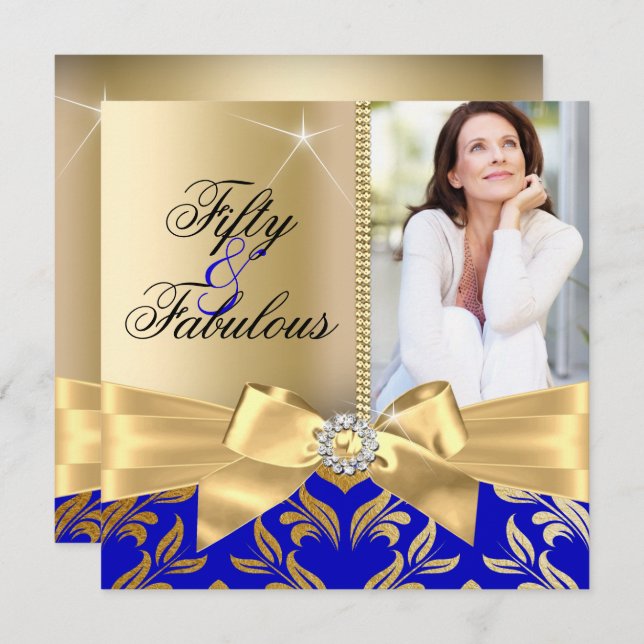 Invitation Fabuleux 50e Blue Gold Leaf & Bow 50e anniversaire (Devant / Derrière)