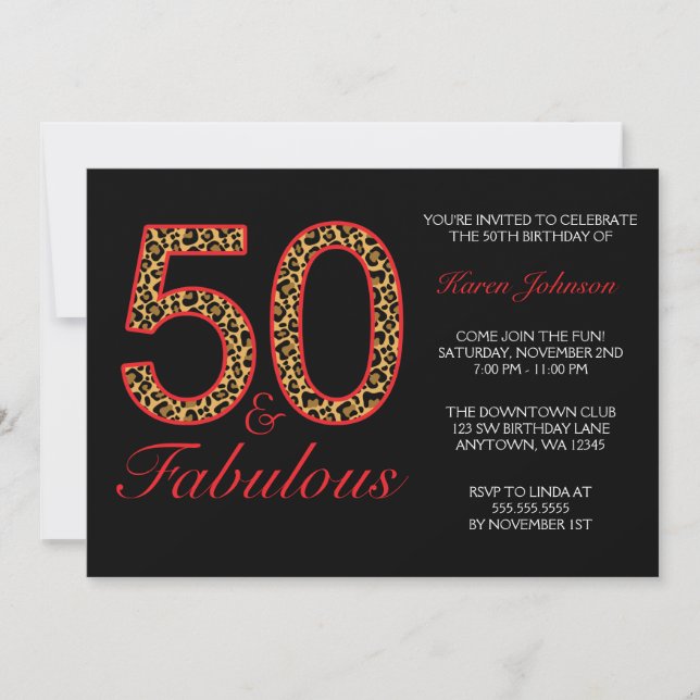 Invitation Fabuleux 50e Fête d'anniversaire du léopard rouge (Devant)
