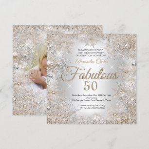 Invitation Fabuleux 50ème Fête Photo Silver Beige Snowflakes