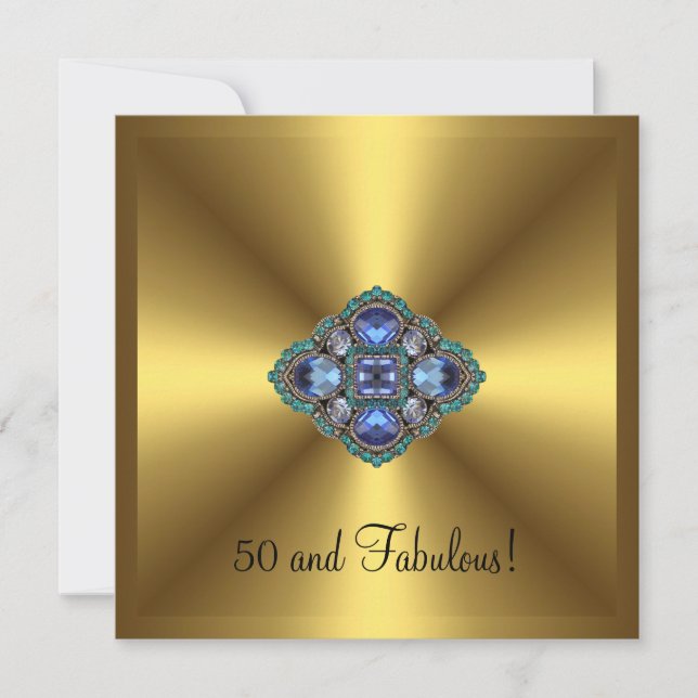 Invitation Fabuleux 50ème Joyau bleu or Elégant Anniversaire (Devant)