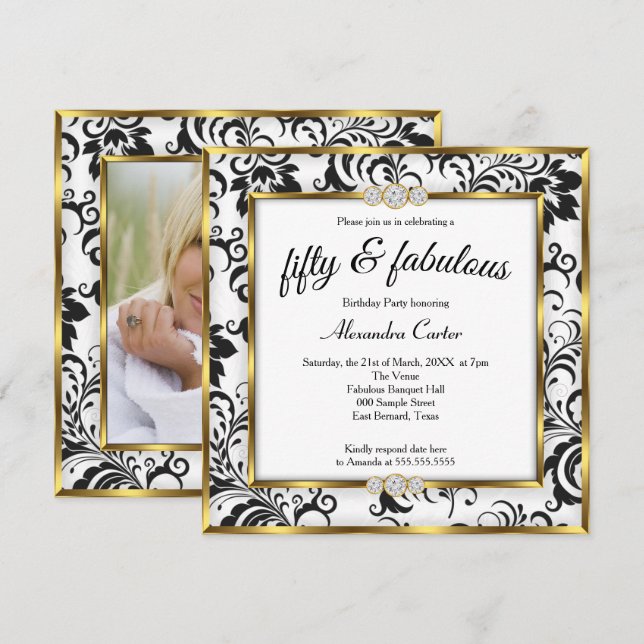 Invitation Fabuleux 50ème Photo Black white Gold Damask Party (Devant / Derrière)