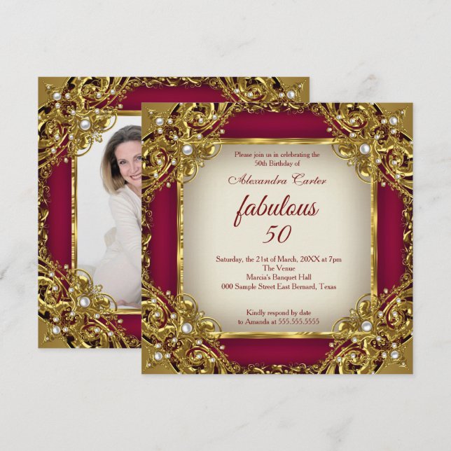 Invitation Fabuleux 50ème Photo Burgundy rouge beige Gold Par (Devant / Derrière)