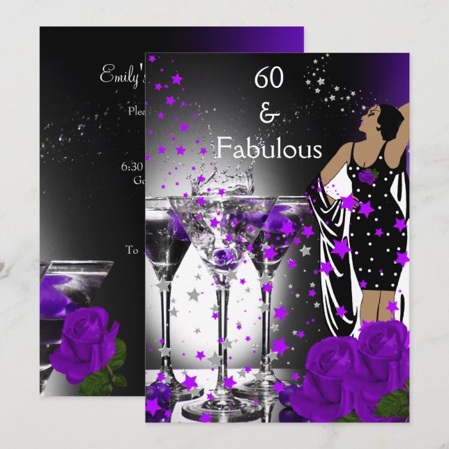 Invitation Fabuleux 60 60e anniversaire violet Roses Martini (Devant / Derrière)