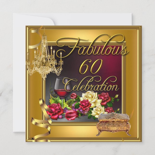Invitation Fabuleux 60 Célébration 60e Vin Rouge Or Roses (Devant)