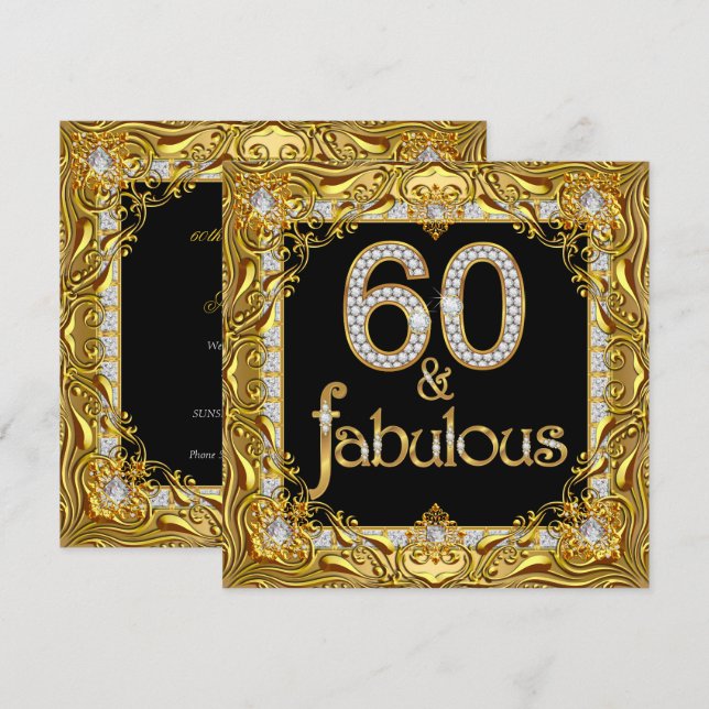 Invitation Fabuleux 60 Gold Diamond Noir 60e fête d'anniversa (Devant / Derrière)