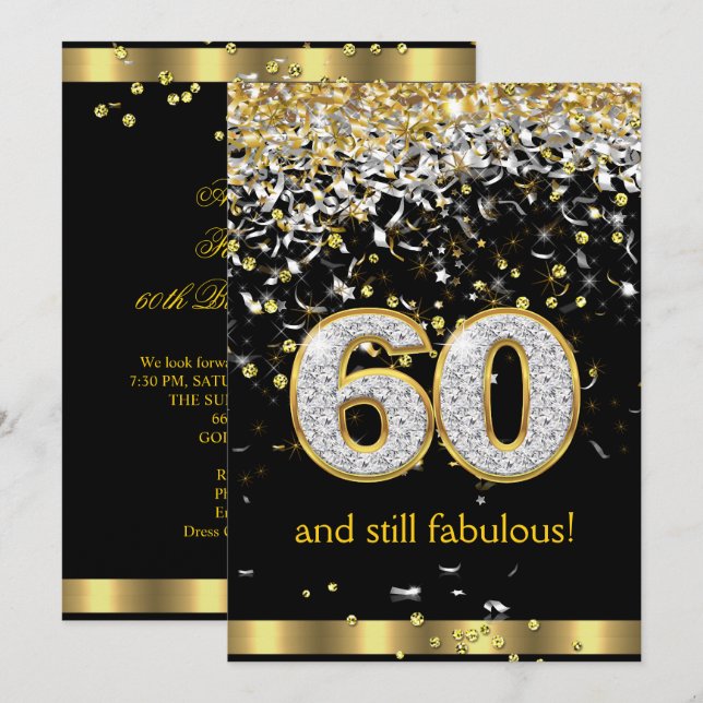Invitation Fabuleux 60 Gold Silver Streamers 60e anniversaire (Devant / Derrière)