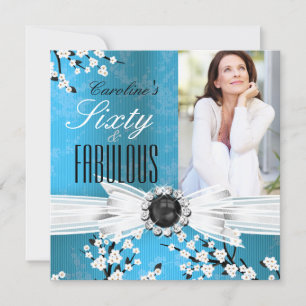 Invitation Fabuleux 60 Photo Elegant Blue Blossom Anniversair