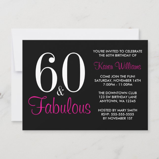 Invitation Fabuleux 60e fête d'anniversaire rose noir (Devant)