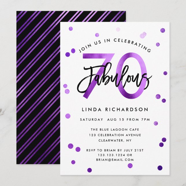 Invitation Fabuleux 70e | Moderne Chic Purple fête d'annivers (Devant / Derrière)