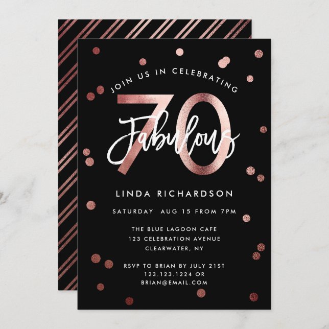 Invitation Fabuleux 70e | Soignée Rose Gold Anniversaire (Devant / Derrière)