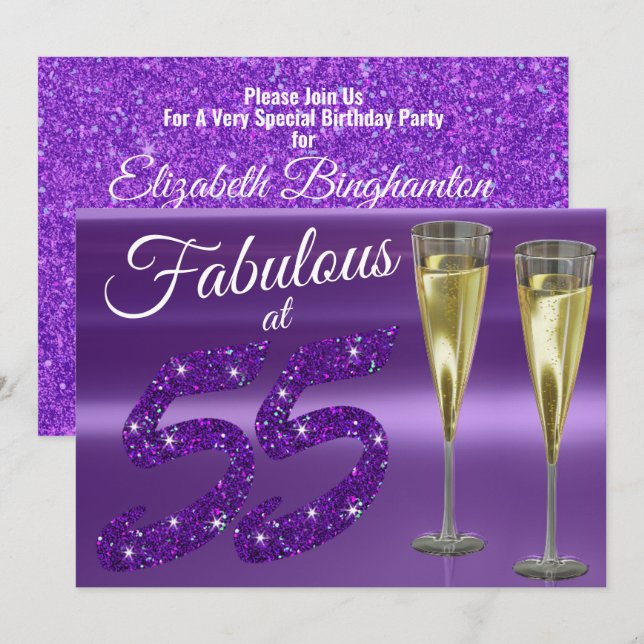 Invitation Fabuleux à 55 Fille Anniversaire Purple Parties sc (Devant / Derrière)
