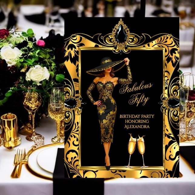 Invitation Fabuleux Anniversaire Black Gold Damask Champagne (Créateur téléchargé)