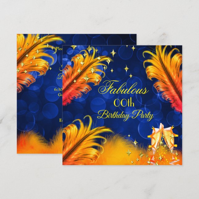 Invitation Fabuleux Anniversaire Blue Gold Jaune Champagne Pa (Devant / Derrière)