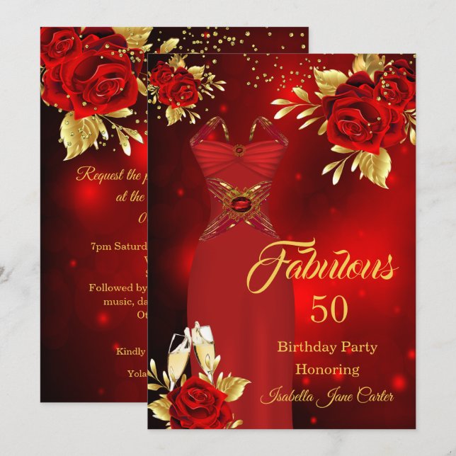 Invitation Fabuleux Anniversaire Champagne Robe Rouge Rose Or (Devant / Derrière)