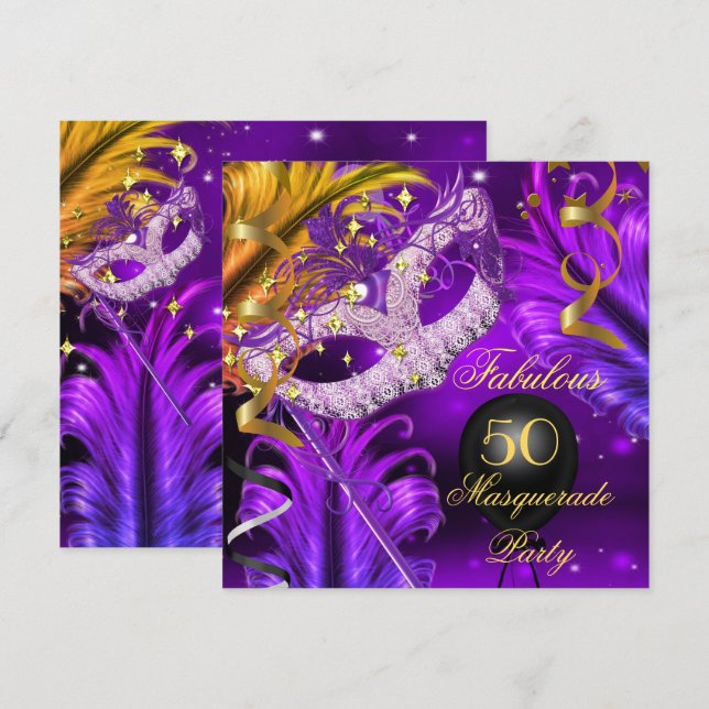 Invitation Fabuleux Anniversaire Purple Gold Masquerade Party (Devant / Derrière)