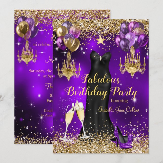 Invitation Fabuleux Anniversaire Purple Star de célébration (Devant / Derrière)