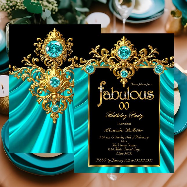 Invitation Fabuleux Anniversaire Turquoise Bleu Silk Gold Gem (Créateur téléchargé)