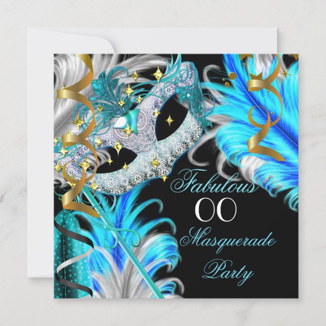 Invitation Fabuleux anniversaire Turquoise Blue Gold Masquera (Devant)