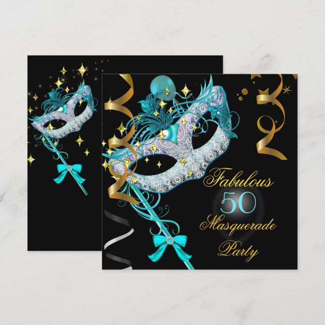 Invitation Fabuleux Anniversaire Turquoise Gold Black Masquer (Devant / Derrière)