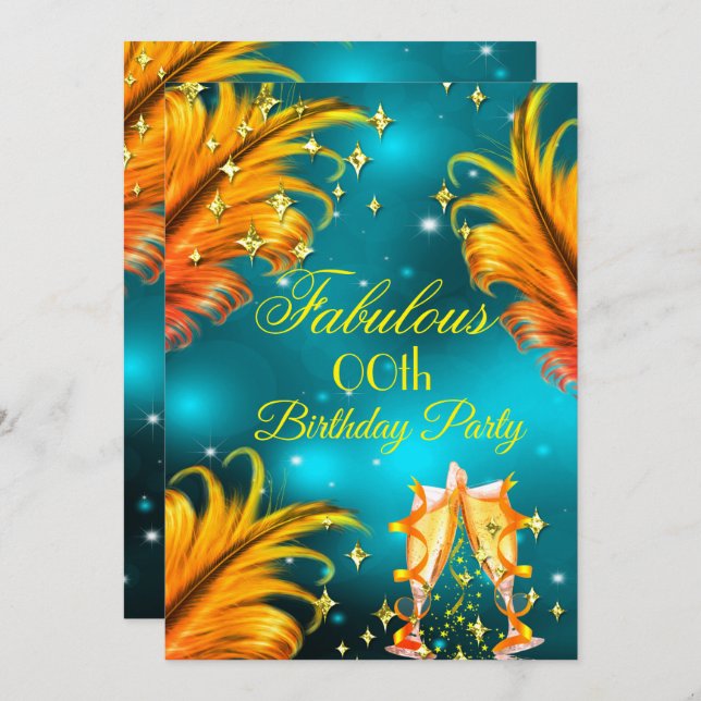 Invitation Fabuleux anniversaire turquoise Gold Jaune Champag (Devant / Derrière)