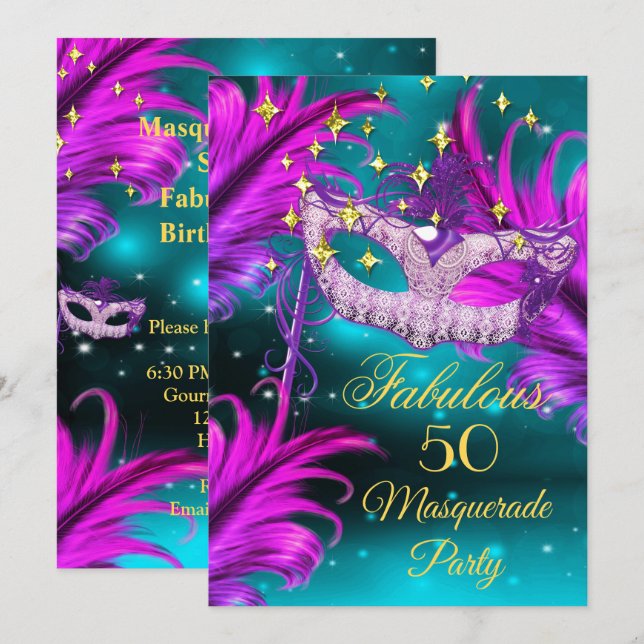 Invitation Fabuleux Anniversaire turquoise Purple rose masque (Devant / Derrière)