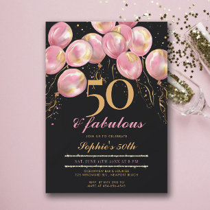 Invitation Fabuleux Ballons roses Or Black 50e anniversaire