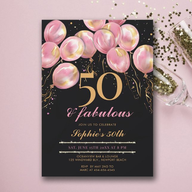 Invitation Fabuleux Ballons roses Or Black 50e anniversaire (50th birthday invitations for women balloons arch pink gold black calligraphy modern glam)